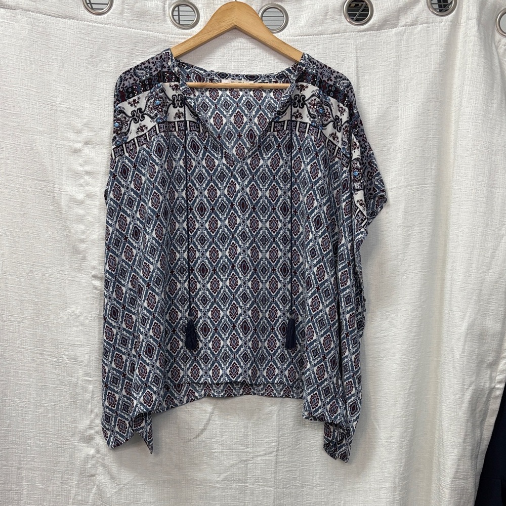 Miss Me Blue and White Boho Geometric Blouse